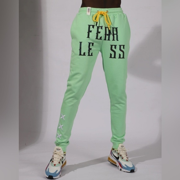 Embroidery Print Drawstring Mens Joggers Fearless Light Green and Yellow S - Picture 1 of 6